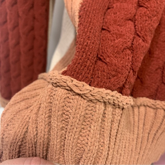 POL Oversized Color Block Cable Knit Sweater wide cropped sleeve Rust Cream - Picture 5 of 13